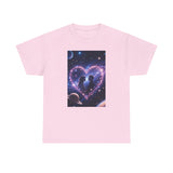 Detailed view of the Galaxy Heart Couple T-Shirt fabric showing breathable cotton and a smooth print texture.