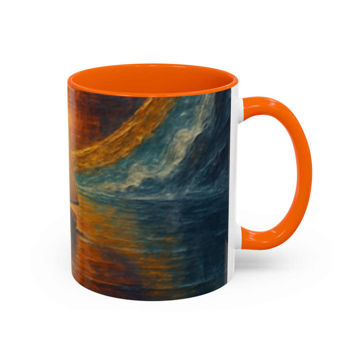 The Sail into the Sun Ceramic Coffee Mug on a dining table, perfect for nautical-themed gatherings.