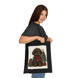 Close-up of the Christmas Dog Tote Bag design featuring a fluffy dog and holiday vibe.