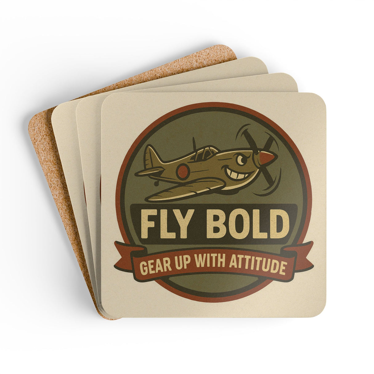Vintage Airplane Cork Coaster Set - 'Fly Bold' Design stacked neatly beside a vintage book.