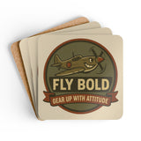 Vintage Airplane Cork Coaster Set - 'Fly Bold' Design stacked neatly beside a vintage book.