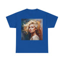 Lifestyle shot of the Portrait Art T-Shirt worn casually in a vibrant outdoor setting.