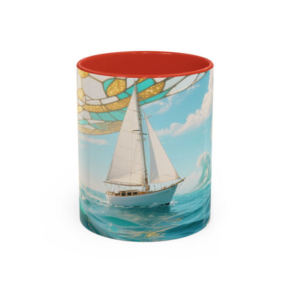 Sailboat Ocean Waves Accent Coffee Mug — Nautical Sea Morning Tea Cup US