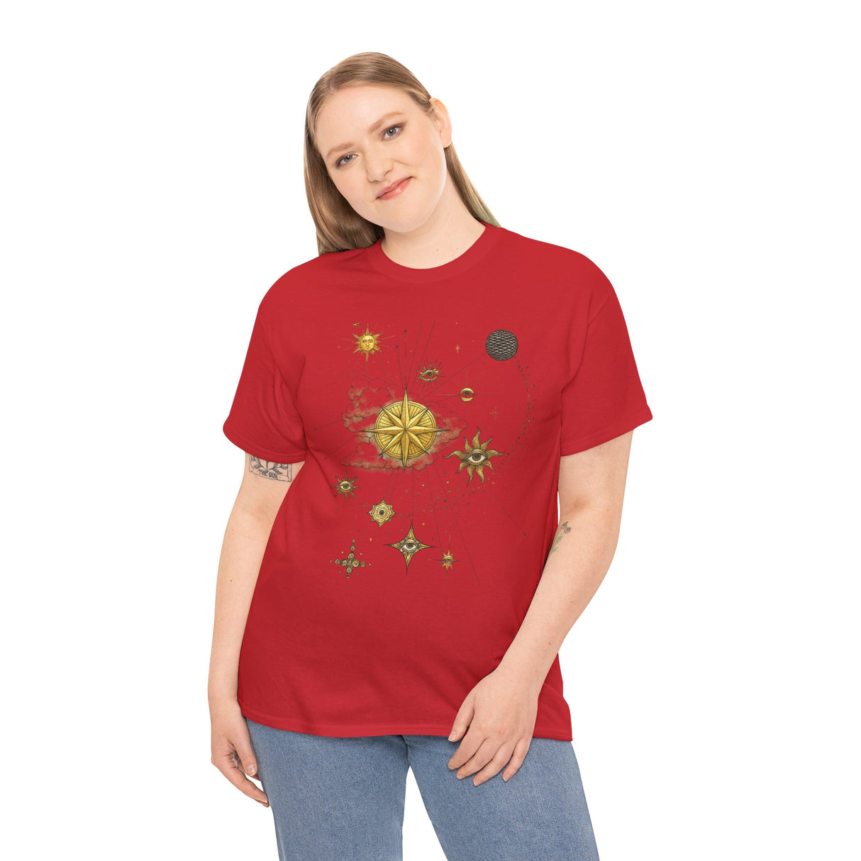 Celestial Compass Tee — Gold Star & Moon Astrology Graphic Shirt captures the whimsical charm for everyday wear.