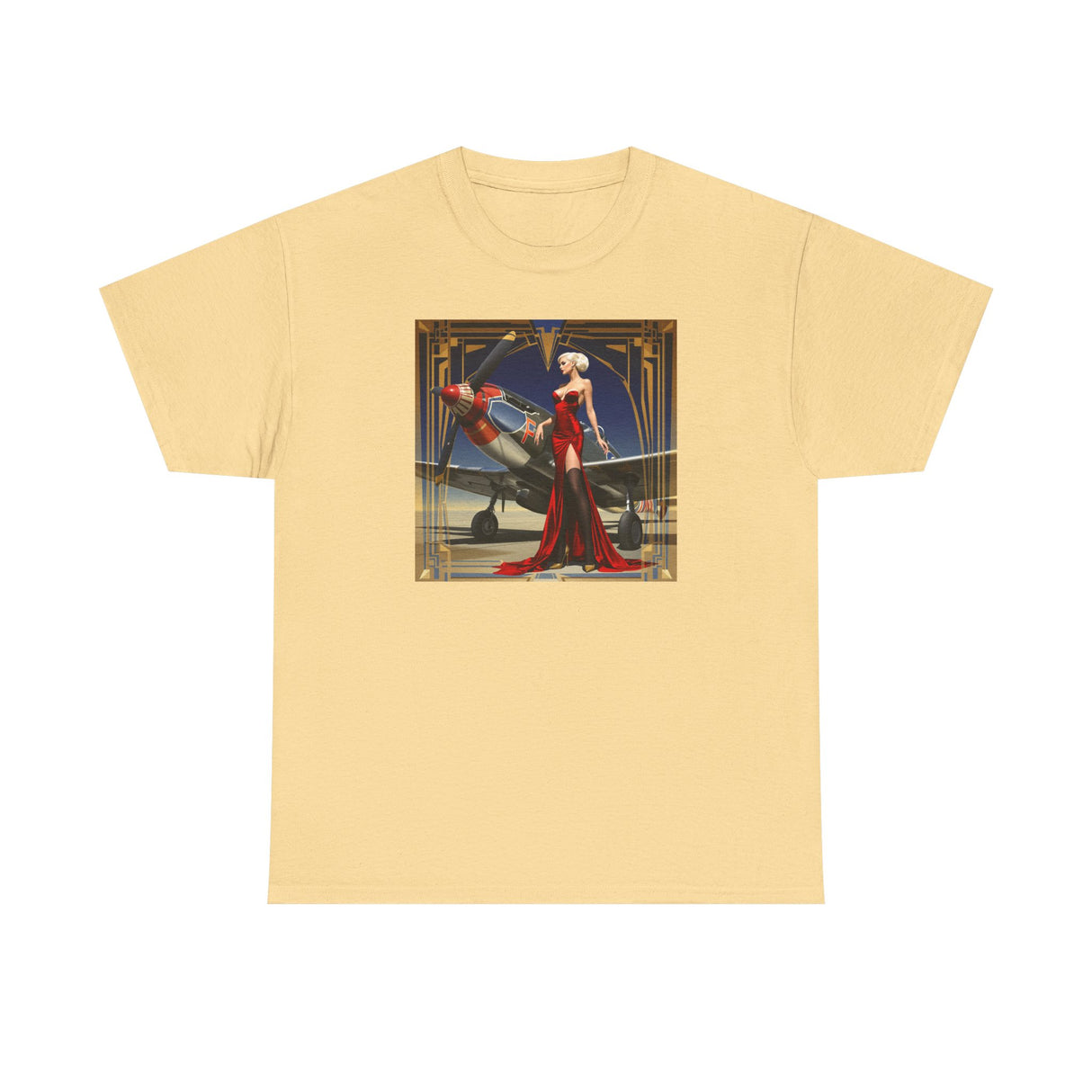 Front view of the Art Deco Aviatrix Tee highlighting the bold 1930s design and relaxed fit.