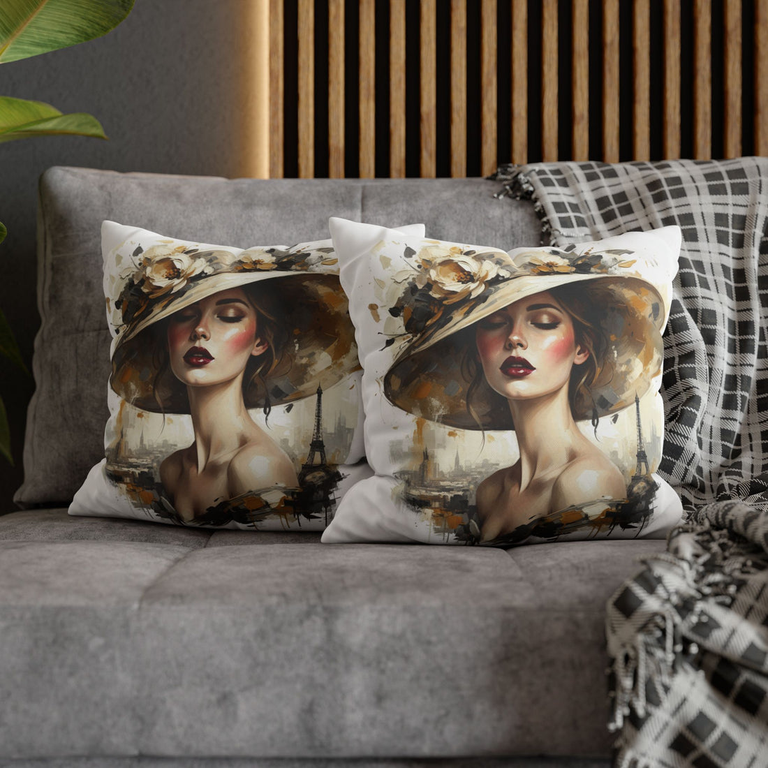 Vintage Parisian Lady Decorative Pillow Cover — Floral Hat Portrait