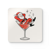 Christmas Santa in Cocktail Corkwood Coaster Set featuring vibrant colors and festive design on a high-gloss surface.