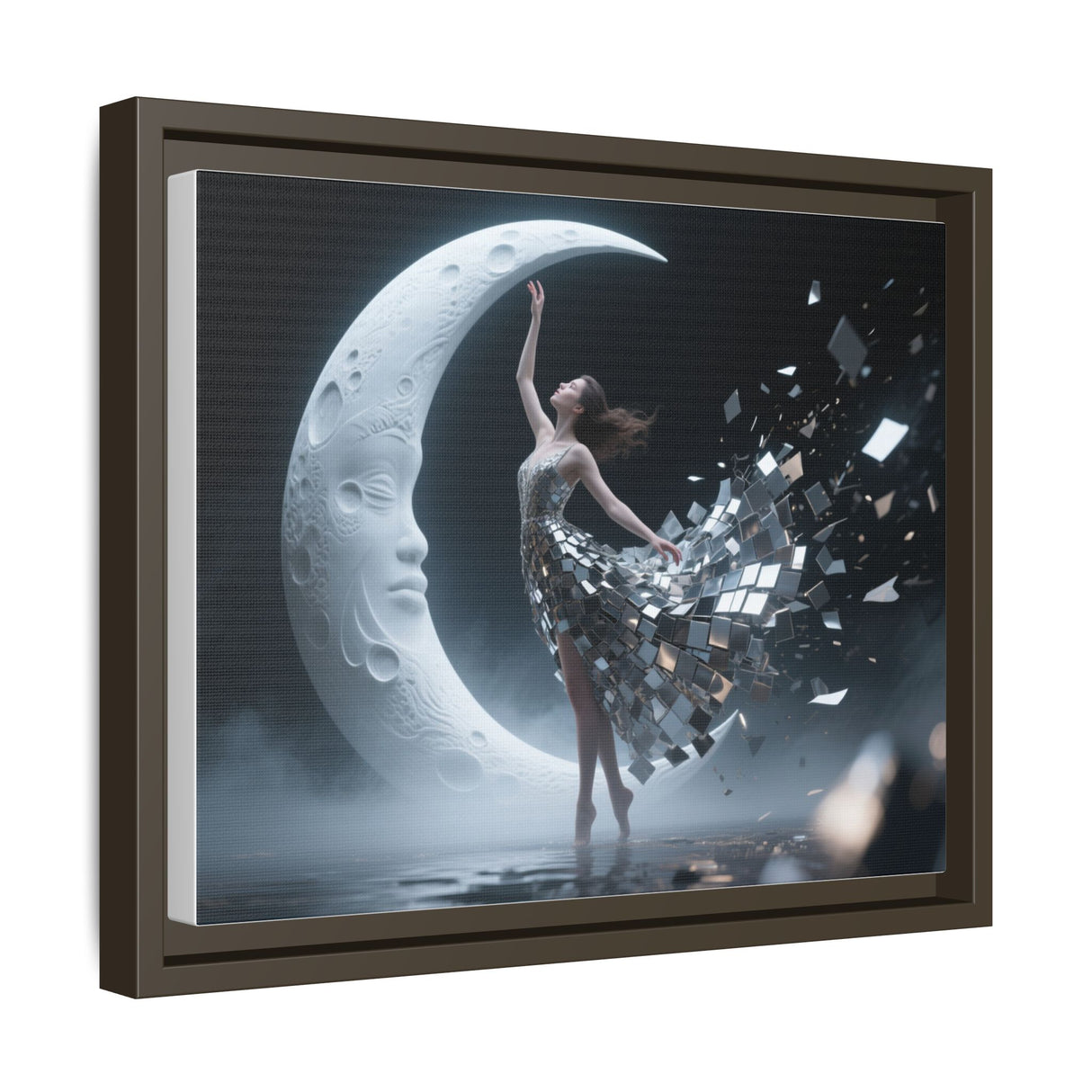 Framed Matte Canvas Art — Dancer & Moon Surreal Wall Decor showing the stunning contrast of dark and light in the artwork.