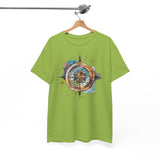 Close-up of the Compass Rose T-Shirt compass graphic in warm colors — Vintage Nautical Adventure Graphic Tee