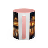 Elegant Nighttime Cityscape Coffee Mug on a picnic blanket, ideal for outdoor coffee lovers.