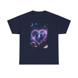 Galaxy Heart Couple T-Shirt promotions showing model wearing during a cozy movie date.