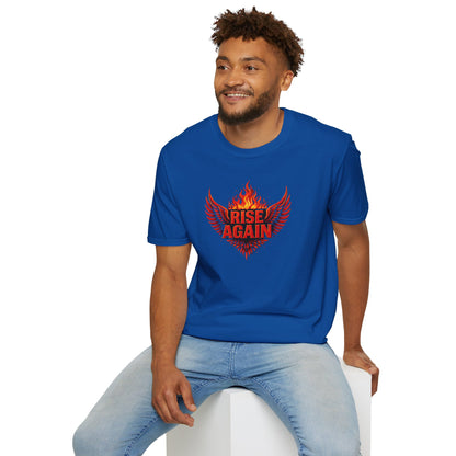 Man wearing a blue t-shirt with a graphic design and text, sitting on a white stool against a white background.