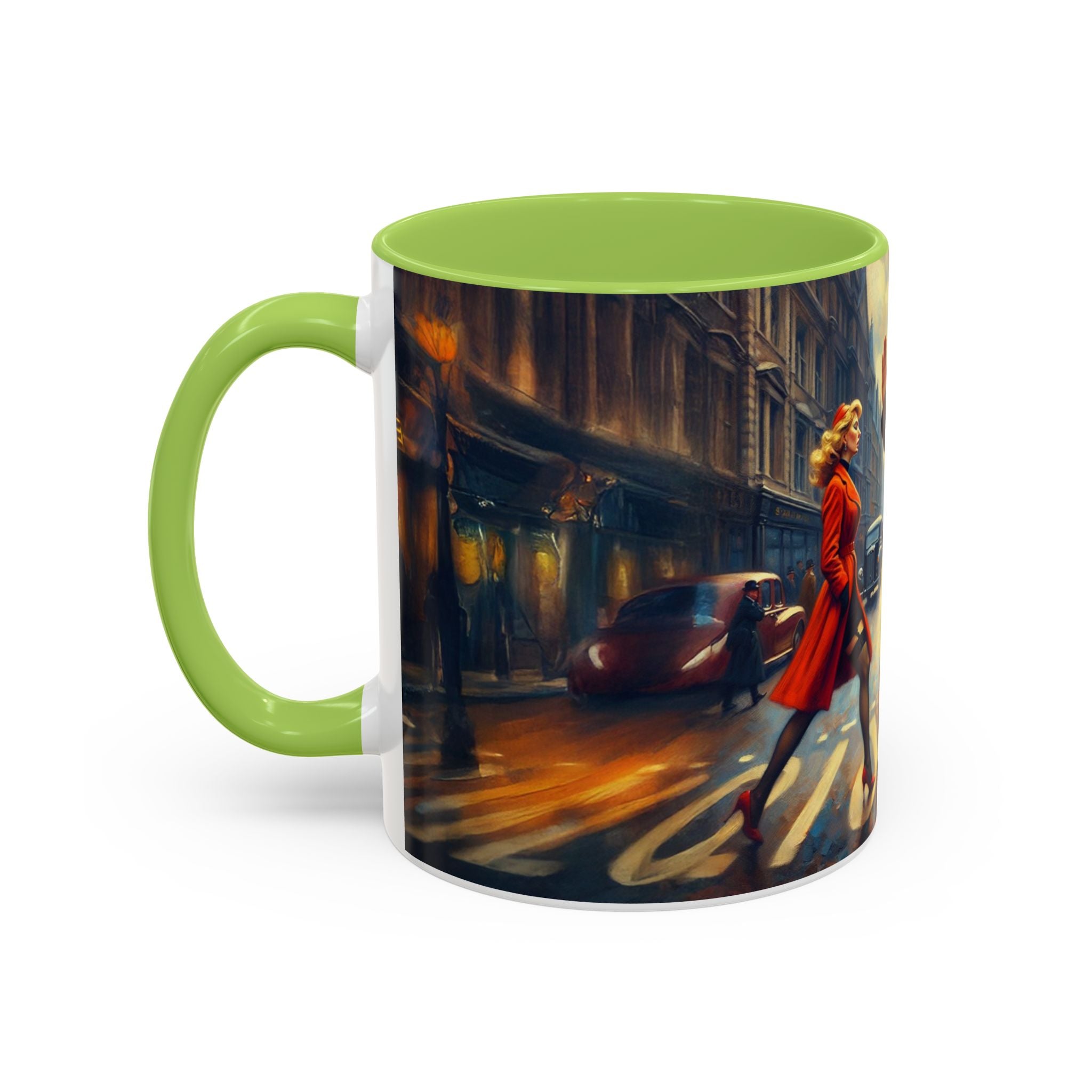 Vintage-Inspired Cityscape Accent Coffee Mug - 11oz &amp; 15oz with a backdrop of artistic landscapes.