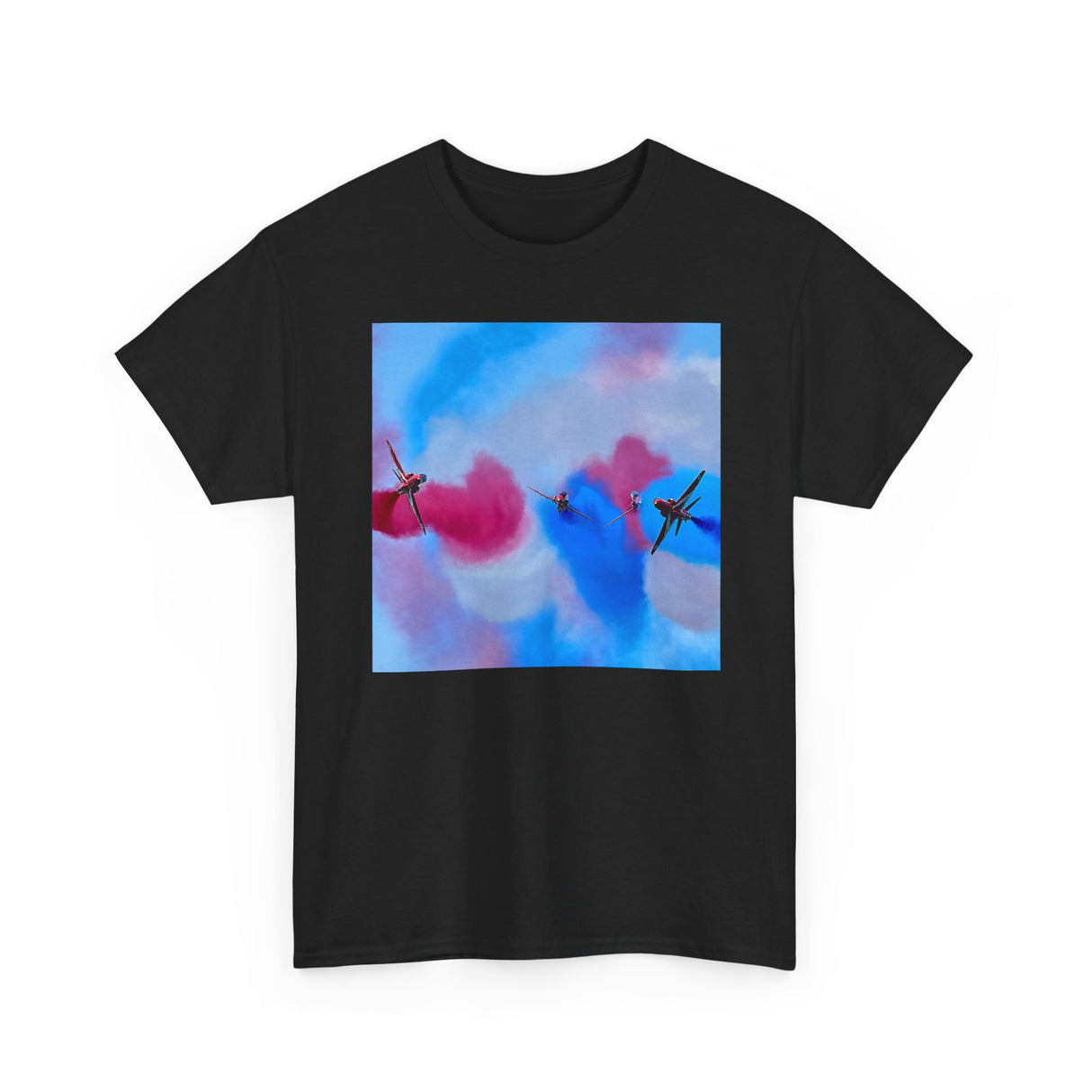 Group of friends wearing the Aerial Smoke Display Tee — Blue & Pink Airshow Pilots T‑Shirt, enjoying a day out.