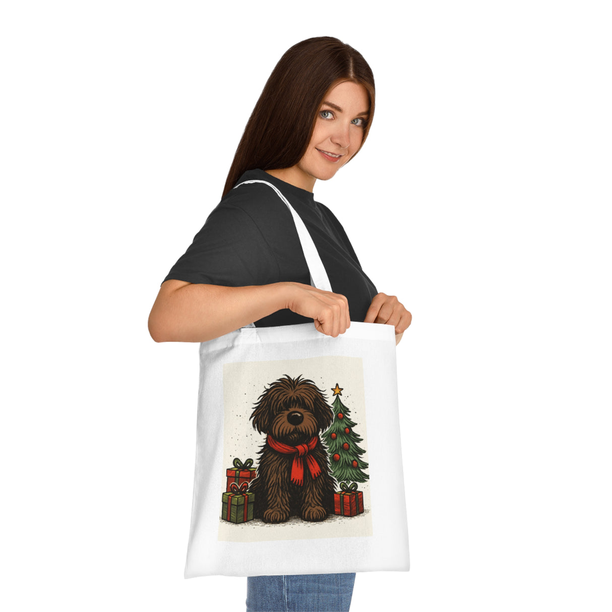 Soft cotton fabric of the Christmas Dog Tote Bag, designed with a cute dog and tree.