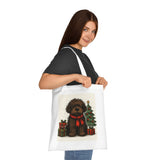 Soft cotton fabric of the Christmas Dog Tote Bag, designed with a cute dog and tree.
