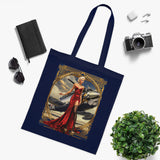 Vintage Pinup Tote Bag displayed among vibrant travel items, highlighting its suitability for stylish adventures.
