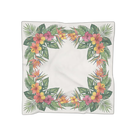 Tropical Floral Wreath Square Scarf - Lightweight Polyester with Vibrant Colors, showcasing bright hibiscus and lush palm leaves against a soft ivory background.