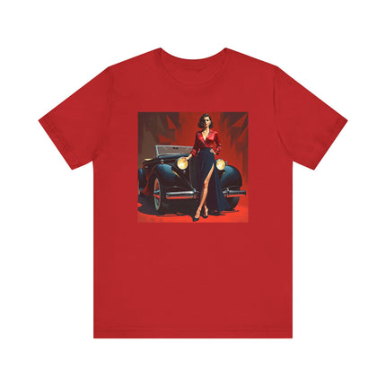Flat lay of Retro Glamour Classic Tee For Him, perfect gift for car lovers with a vintage car design.