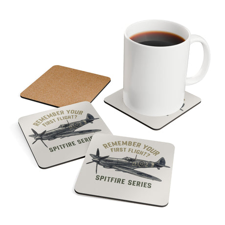 Spitfire Coaster Set — 'Remember Your First Flight?' Vintage Plane Cork Coasters with glossy full-color print featuring a historic Spitfire plane.