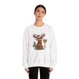 Adorable Christmas Moose Crewneck Sweatshirt featuring a reindeer surrounded by Christmas decorations.