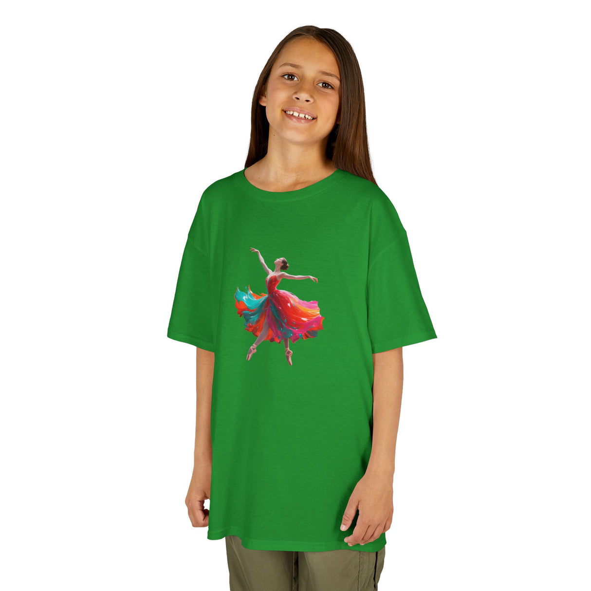Kids Dance T-Shirt — Colorful Ballerina Graphic Tee highlighting the crew neckline and soft cotton fabric.