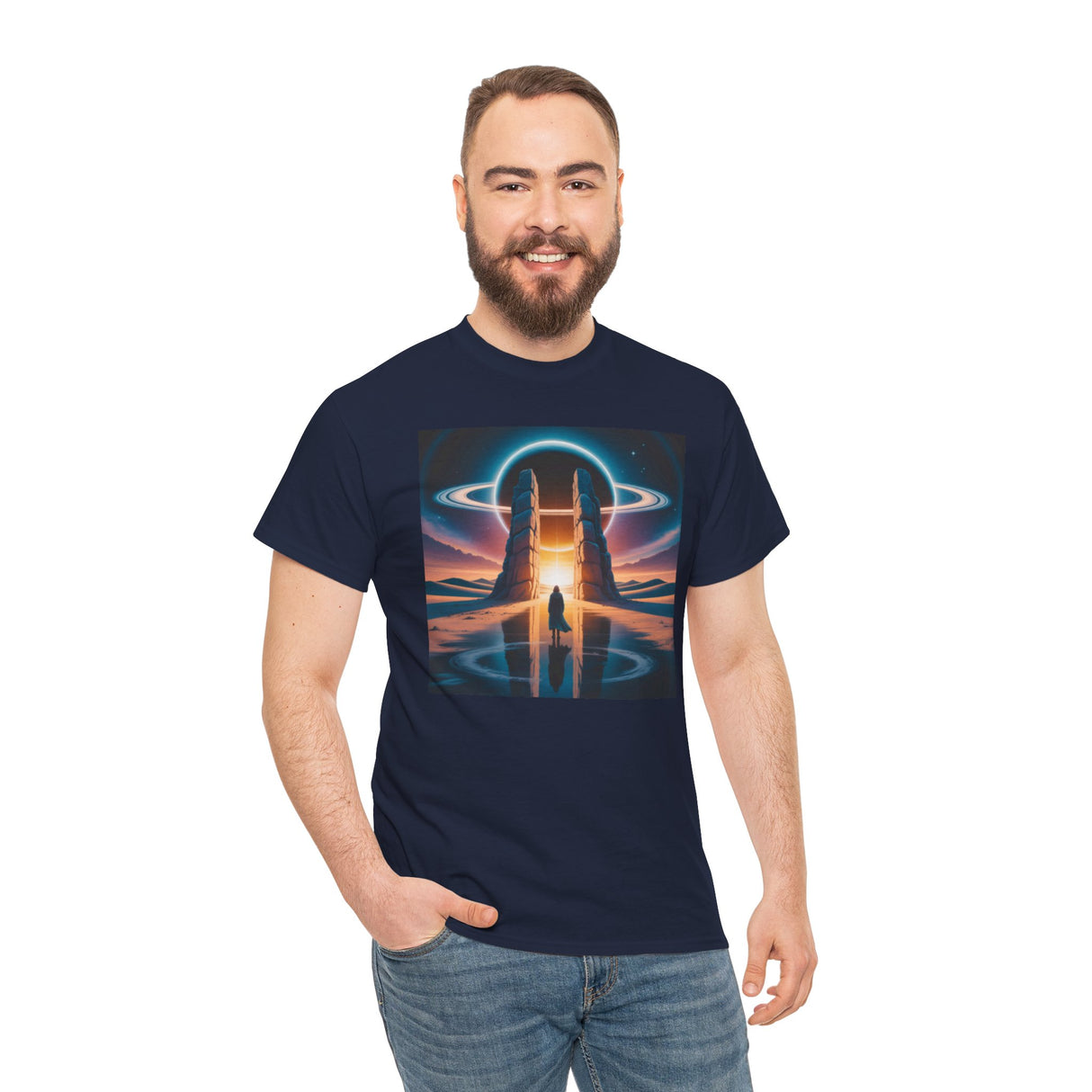 Flat lay of the Sci-Fi Gateway T-Shirt with coffee and books, showcasing a relaxed weekend vibe.