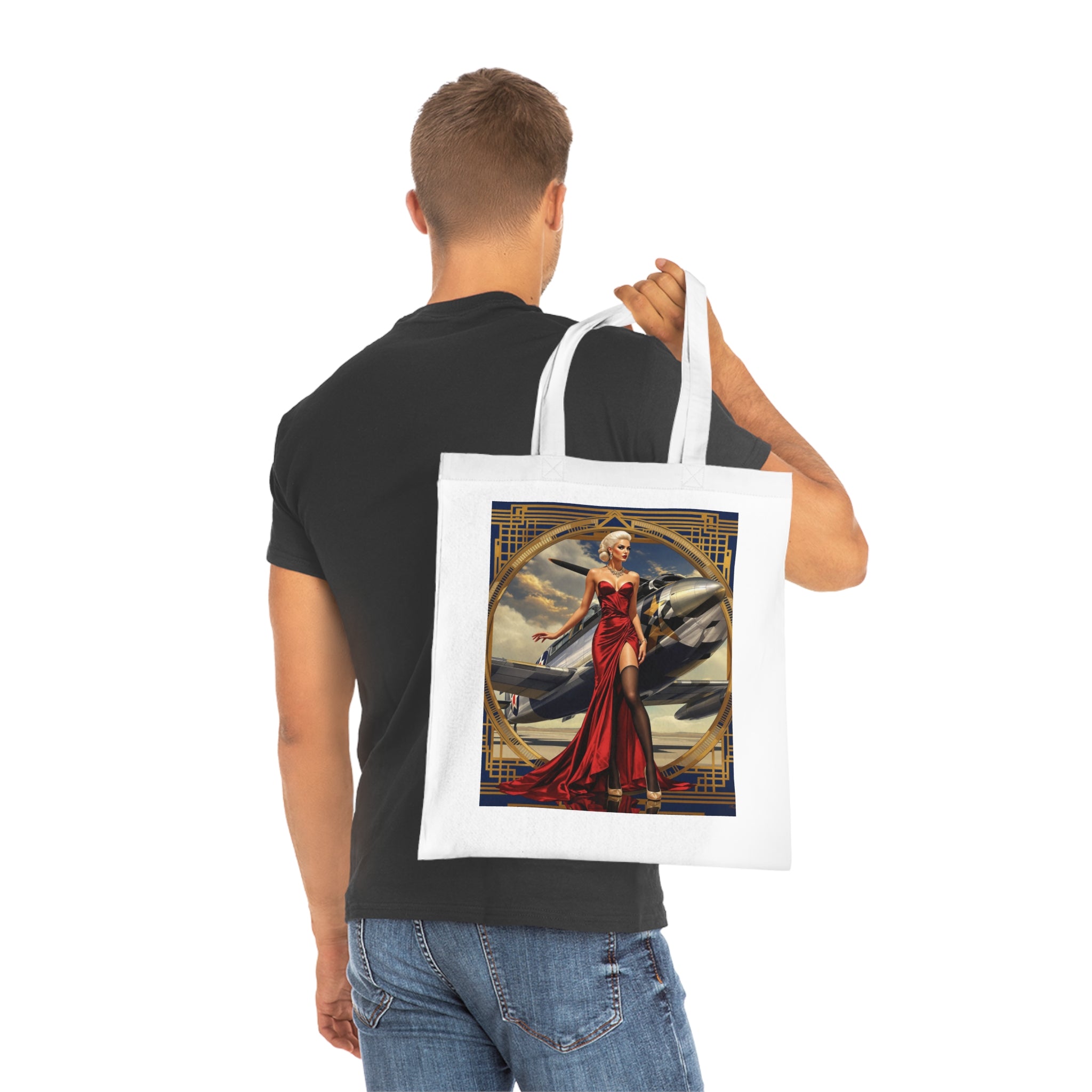 Model posing with the Vintage Pinup Tote Bag at a craft fair, demonstrating its chic retro style and everyday functionality.