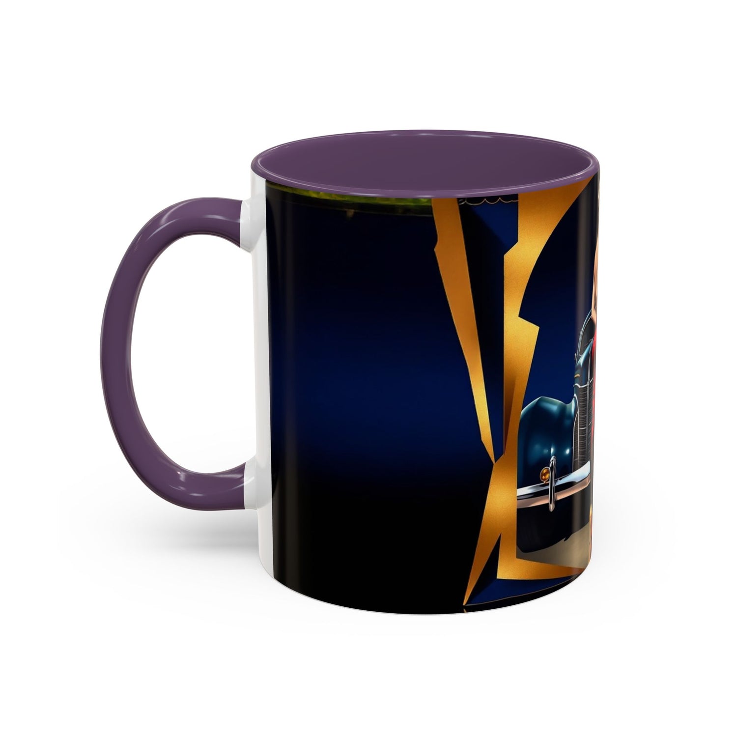 Vintage Pin-Up Coffee Mug - Classic Car Design displayed with a matching plate.