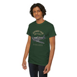 The 'Remember Your First Flight' Tee with a backdrop of aviation art, emphasizing its vintage theme.