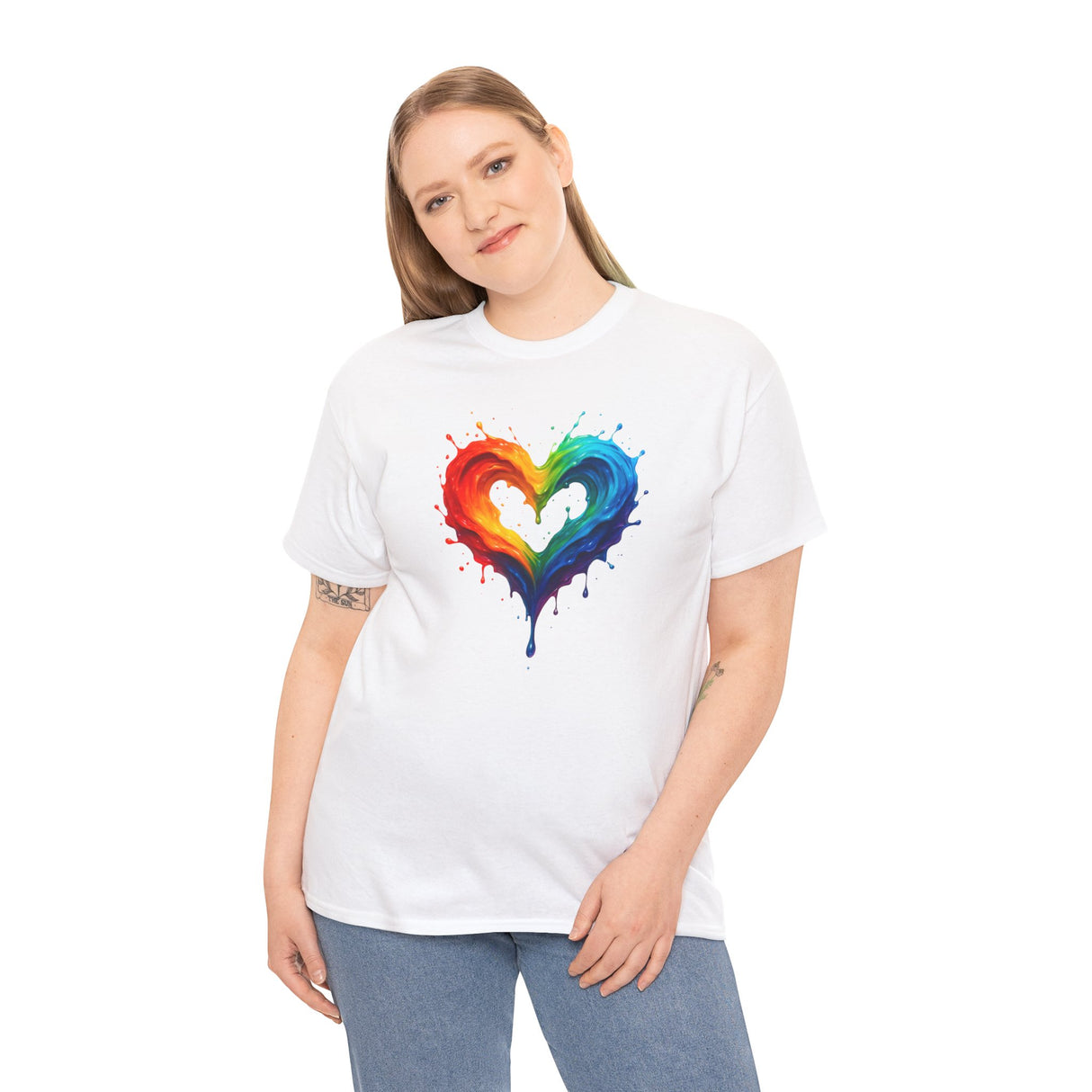 Detailing of the ribbed collar on the Rainbow Drip Heart T-Shirt, promising durability and style.