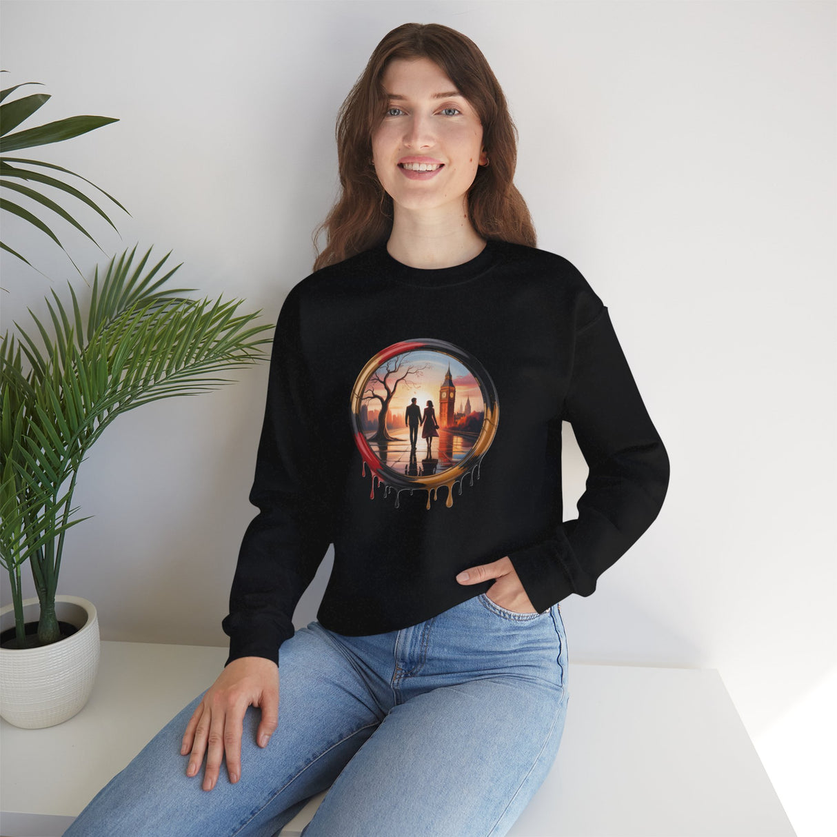 Artistic representation of the Crewneck Sweatshirt featuring Sunset Couple Silhouette in Dripping Circle, highlighting its unique design.
