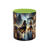 Elegant Nighttime Cityscape Coffee Mug alongside a book, perfect for coffee lovers seeking relaxation.