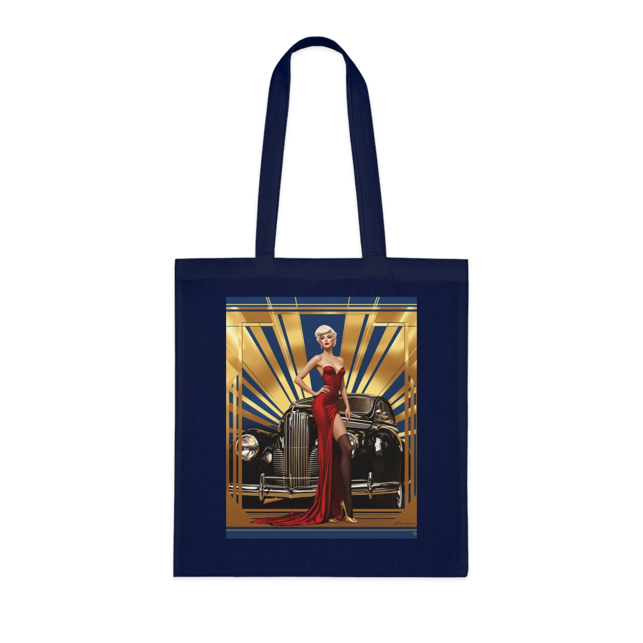 Vintage Glamour Cotton Tote Bag in use at the market, demonstrating everyday style.