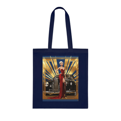 Vintage Glamour Cotton Tote Bag in use at the market, demonstrating everyday style.