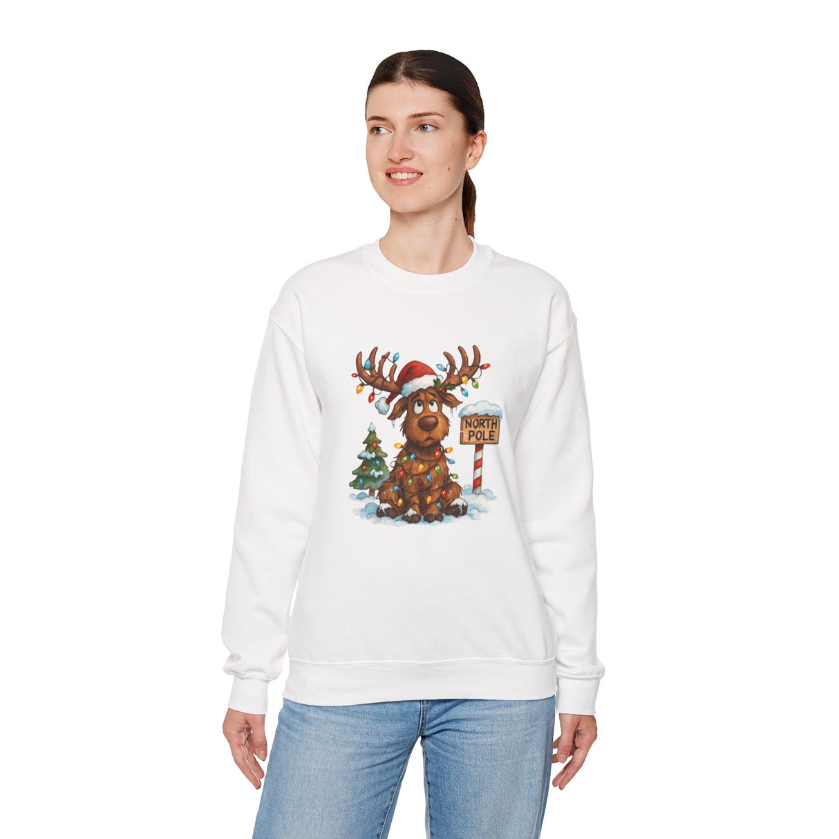 Christmas Moose Crewneck Sweatshirt designed with a whimsical festive reindeer and snow-dusted imagery.