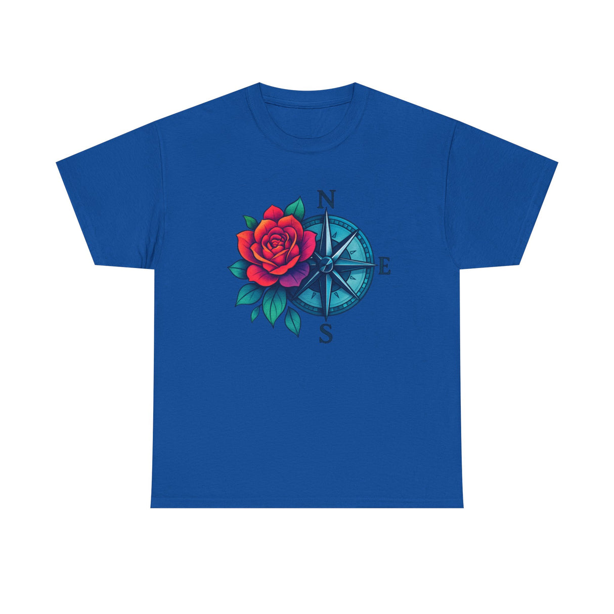 Flat lay of the Compass Rose Tee — Red Rose Nautical Compass Graphic T-Shirt, ideal for travel and adventure vibes.