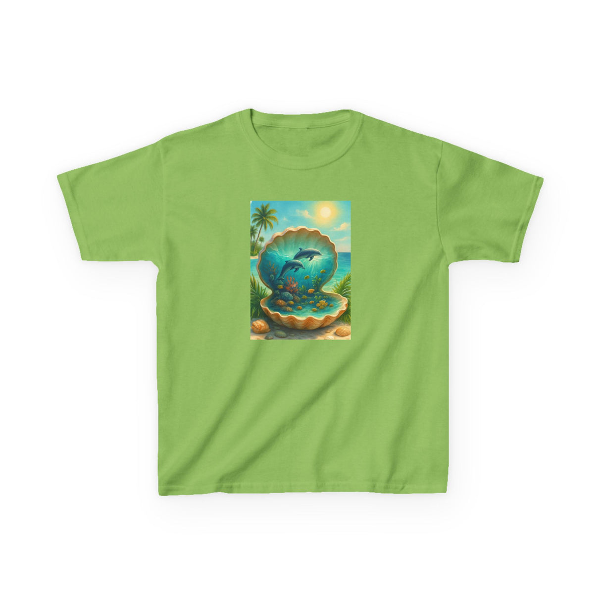 Kids Tee — Ocean Pearl Dolphin Shell Beach Graphic close-up, focusing on the ocean world depicted in the design.