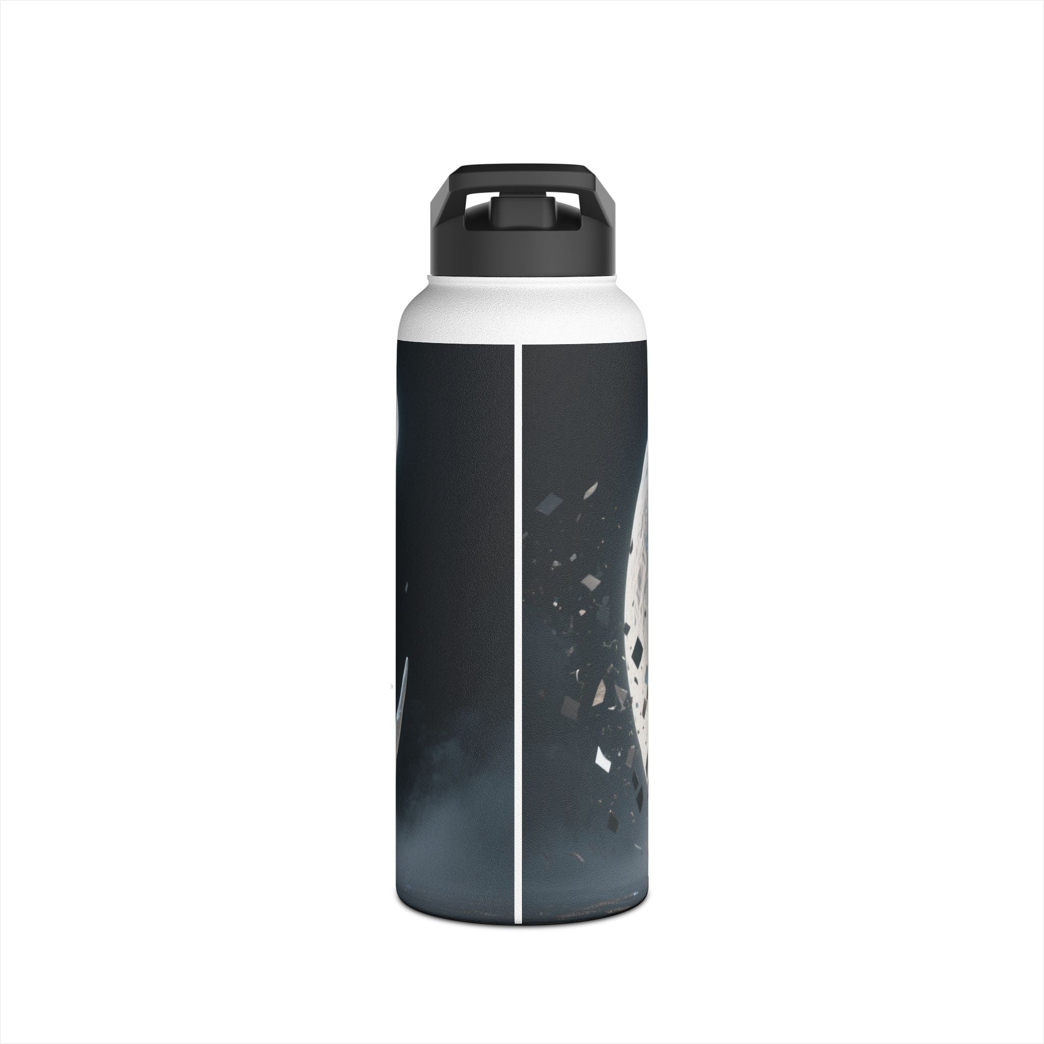 Person holding the Sunset Cove Stainless Steel Water Bottle designed with tropical sunset landscape art against a sunset.