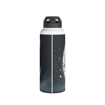 Person holding the Sunset Cove Stainless Steel Water Bottle designed with tropical sunset landscape art against a sunset.