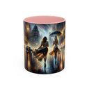 Elegant Nighttime Cityscape Coffee Mug filled with coffee, highlighting its functionality.