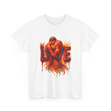 Zoomed-in detail of the fabric of the Love Flames Graphic Tee — Fiery Embrace Romantic Couple T-Shirt, highlighting its softness.