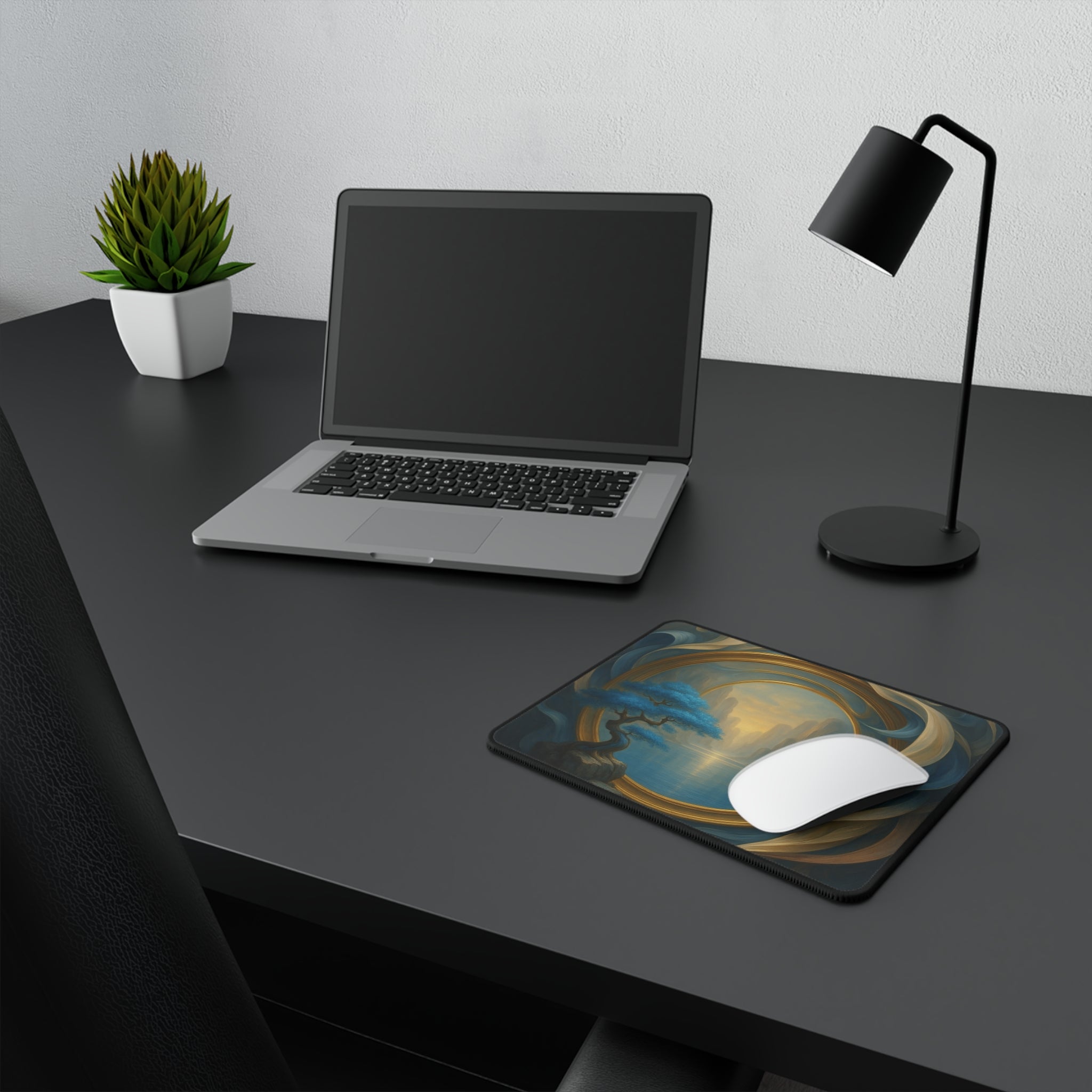 Lifestyle shot of Seasons &amp; Storms Gaming Mouse Pad in use, illustrating its smooth surface and vibrant artwork for a cozy workspace.