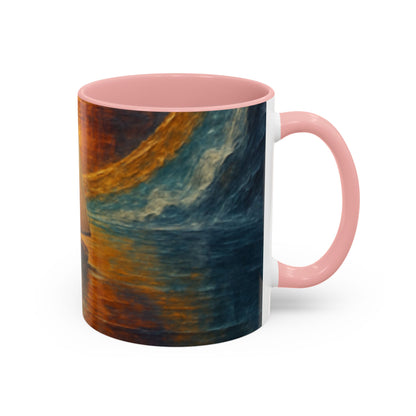 An elegant setting featuring the Sail into the Sun Ceramic Coffee Mug next to seashells, emphasizing its coastal charm.