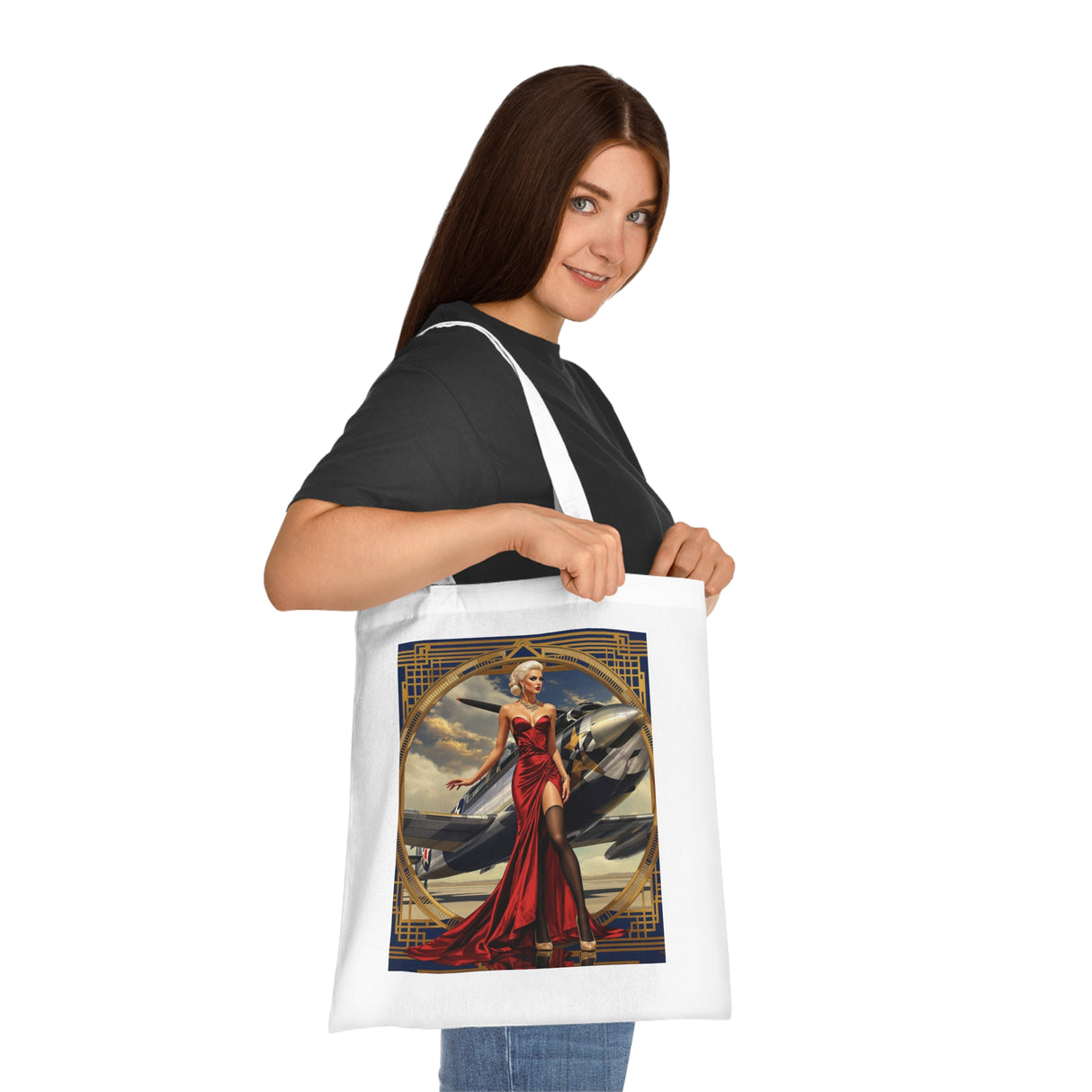 Vintage Pinup Tote Bag with a bold red dress artwork, perfect for showing off its fashionable and functional features.