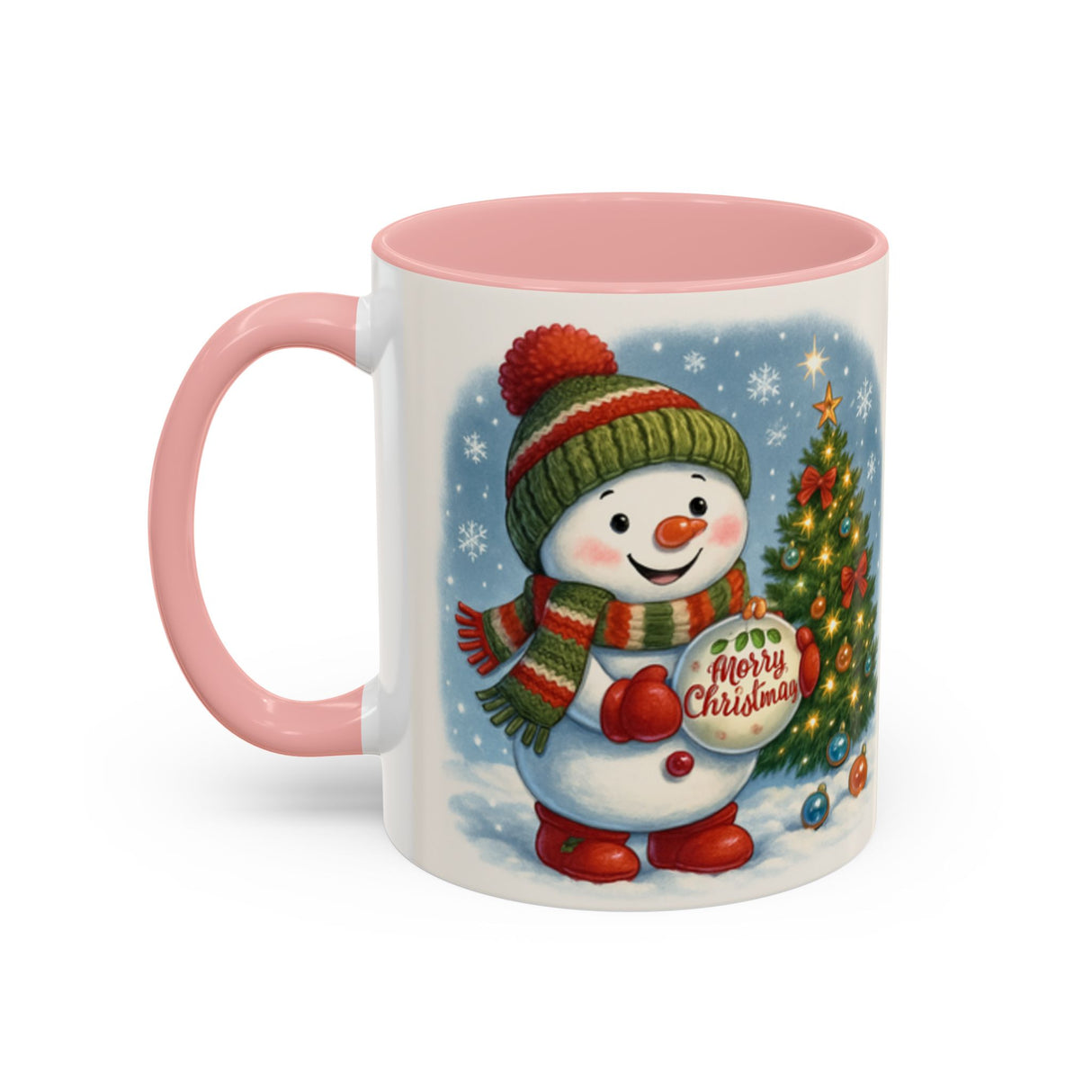 Christmas Snowman Coffee Mug against a backdrop of twinkling lights, enhancing the holiday spirit.