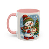 Christmas Snowman Coffee Mug against a backdrop of twinkling lights, enhancing the holiday spirit.