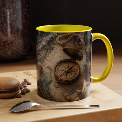 Nautical Compass Accent Coffee Mug – Vintage Sea Shells &amp; Compass Travel Design (11oz)
