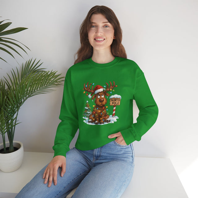 Christmas Moose Crewneck Sweatshirt featuring a whimsical reindeer in Christmas lights and a Santa hat with a North Pole sign.