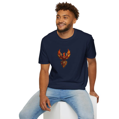 Phoenix Tribal Graphic T-Shirt Fiery Bird Design Tee in urban setting, featuring a vibrant phoenix design blue